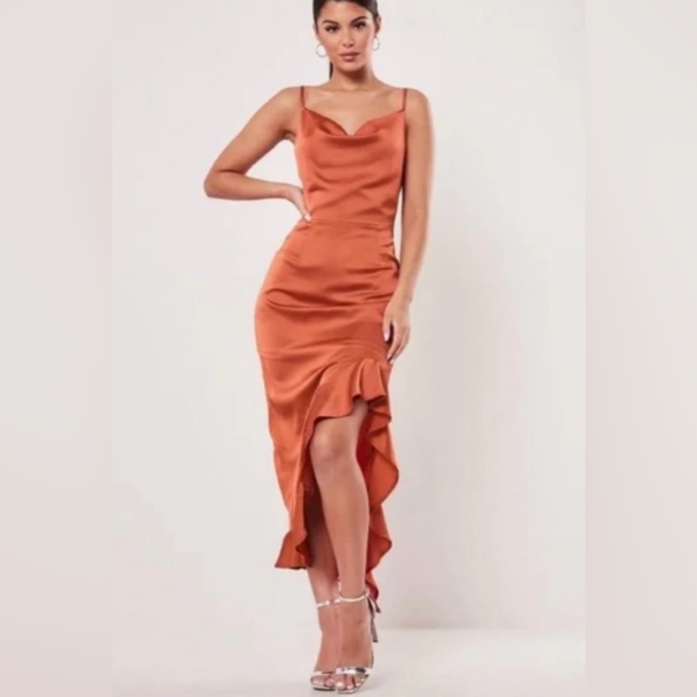 Missguided Satin Ruffle Burnt Orange Dress